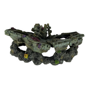 Sunken Aircraft Carrier Aquarium Ornament with textured stone-like details for an underwater aquarium adventure.
