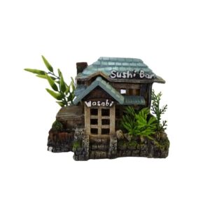 Sushi Bar Aquarium Ornament featuring a detailed sushi bar house with "Wasabi" sign and surrounded by aquatic plants.