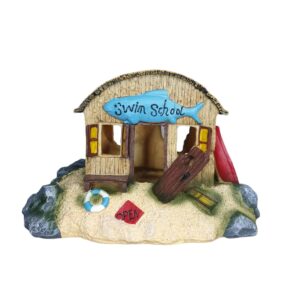 Swim School Shack Aquarium Ornament, a colorful beach shack with a surf vibe for a fun underwater decoration.