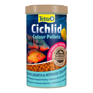 Tetra Cichlid Colour Pellets 165G package showcasing vibrant cichlids and color-enhancing fish food.