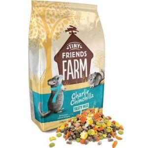 Tiny Friends Farm Charlie Chinchilla food bag and tasty mix, promoting a balanced diet for chinchillas of all ages.