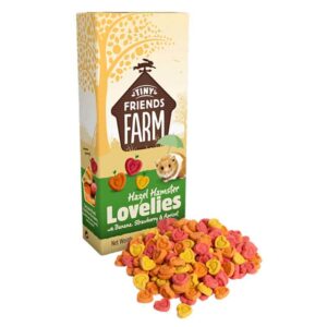 Tiny Friends Hazel Lovelies 120g box with colorful banana, strawberry, and apricot treats for hamsters.