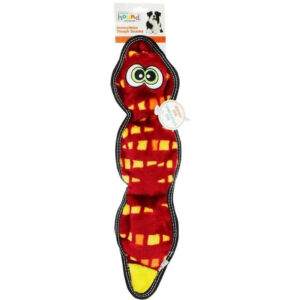 Tough Seamz Snake dog toy with bright colors and squeaker for durable, mess-free playtime fun.