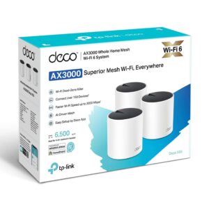 TP-Link Deco X55 AX3000 Whole Home Mesh Wi-Fi 6 System packaging showcasing three units and key features for seamless internet connectivity.