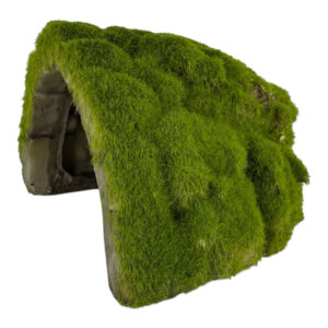 Moss-covered tunnel aquarium ornament ideal for fish habitats and miniature landscapes, providing a cozy hideaway.