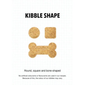 Kibble shapes for Ultra Dog Optiwoof Adult: round, square, and bone-shaped, showcasing natural ingredients without artificial colors.