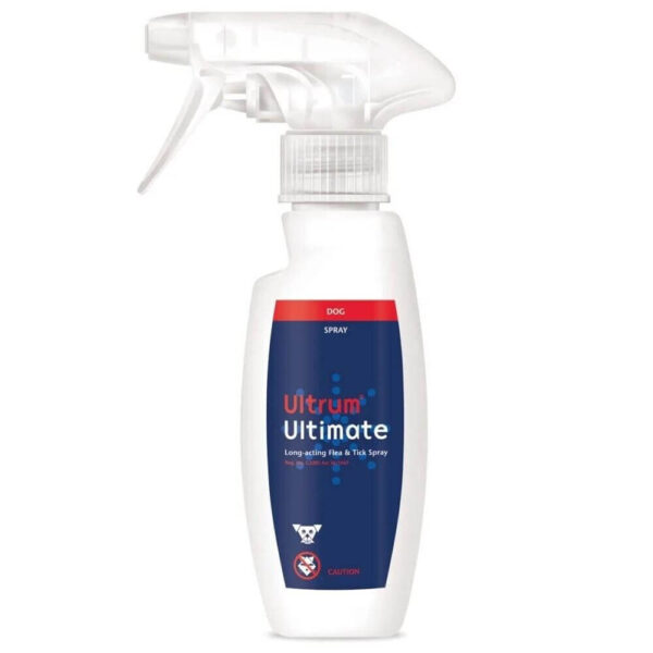 Ultrum Ultimate Tick & Flea Spray bottle designed for dogs, kills fleas and ticks with long-lasting protection.