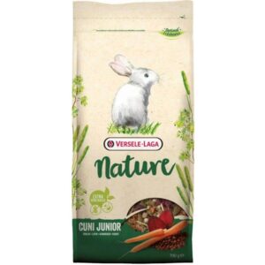 Versele Laga Cuni Junior Nature 750g rabbit food bag with vegetables and herbs for young rabbits, featuring a rabbit illustration.