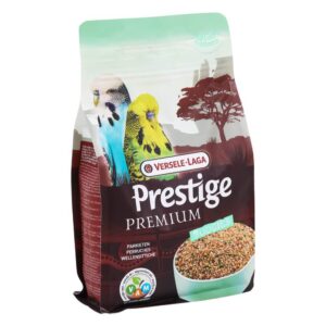 Versele-Laga Prestige Budgie Premium 800g package with seeds for budgies and small parakeets, enriched with vitamins and minerals.