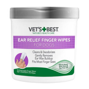 Vet's Best Ear Relief Finger Wipes for dogs, cleans and deodorizes, 50 disposable wipes with natural ingredients.