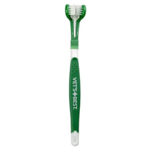 Vet's Best triple headed toothbrush for dogs designed for effective plaque and tartar removal with three cleaning heads.