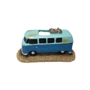 VW Van Wreck aquarium ornament in retro blue, adding charm to underwater settings with detailed weathered design.