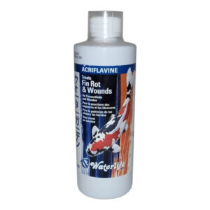 Waterlife Acriflavine 500ml bottle for treating fin rot and wounds in koi ponds. Effective bactericide for common infections.