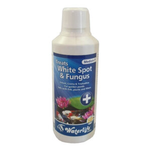 Waterlife Medizin P bottle for treating White Spot and fungus in garden ponds, safe for fish and plants.