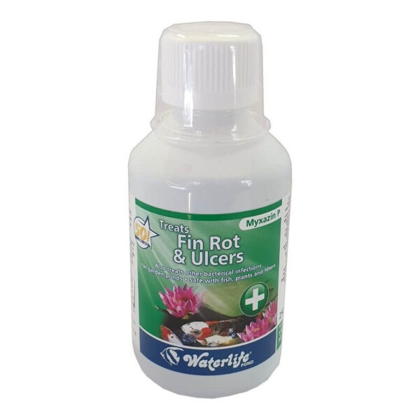 Waterlife Myxazin P treatment for fish fin rot and ulcers in a white bottle, featuring a green label with fish and lily pads.