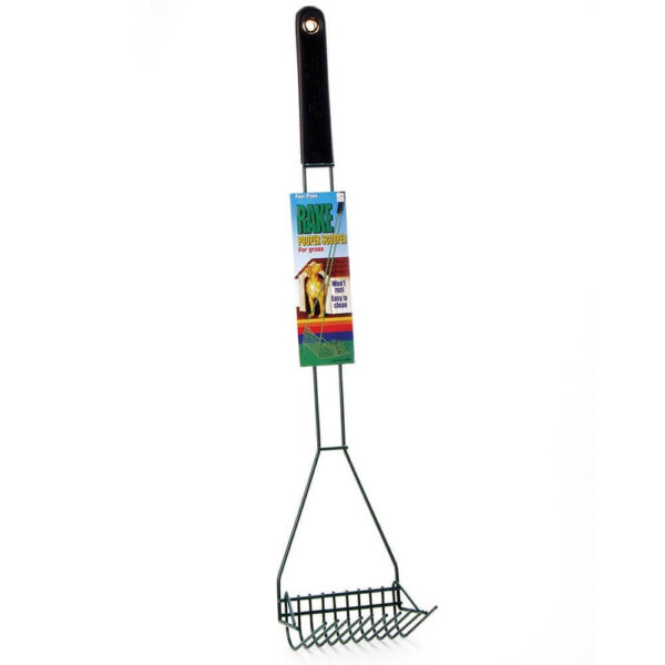 Wee Wee Wire Rake Dog Pooper Scooper for easy grass cleanup with rubber handle and spaced metal prongs.