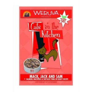 Weruva Mack Jack and Sam cat food pouch featuring salmon, mackerel, and skipjack tuna in gravy, grain-free and gluten-free.
