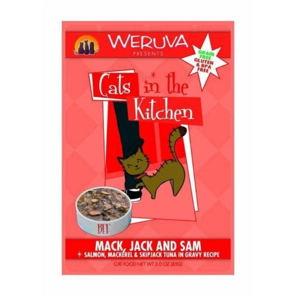 Weruva Mack Jack and Sam cat food pouch featuring salmon, mackerel, and skipjack tuna in gravy, grain-free and gluten-free.
