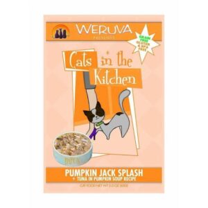 Weruva Cat Pouches Pumpkin Jack Splash packaging featuring tuna in pumpkin soup recipe, grain-free and gluten-free cat food.