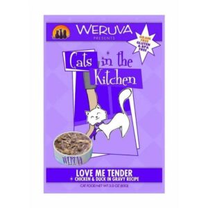 Weruva Cat Pouches Love Me Tender 85g packaging featuring chicken and duck in gravy, grain and gluten free recipe.