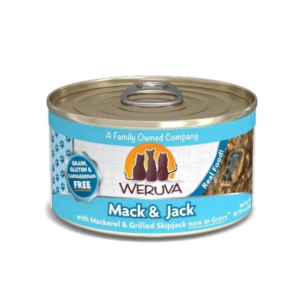 Weruva Mack and Jack canned cat food with mackerel and grilled skipjack, grain-free and gluten-free.