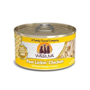 Weruva Paw Lickin' Chicken wet cat food can, grain-free chicken recipe in gravy, 100% real meat for cats.