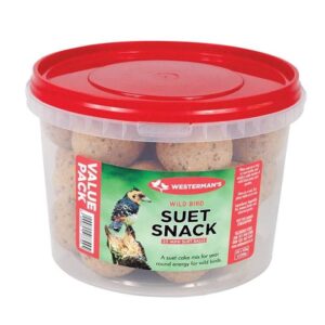 Westerman's Suet Snack Mini Ball Value Bucket containing 25 suet balls for wild birds feeding in the garden.