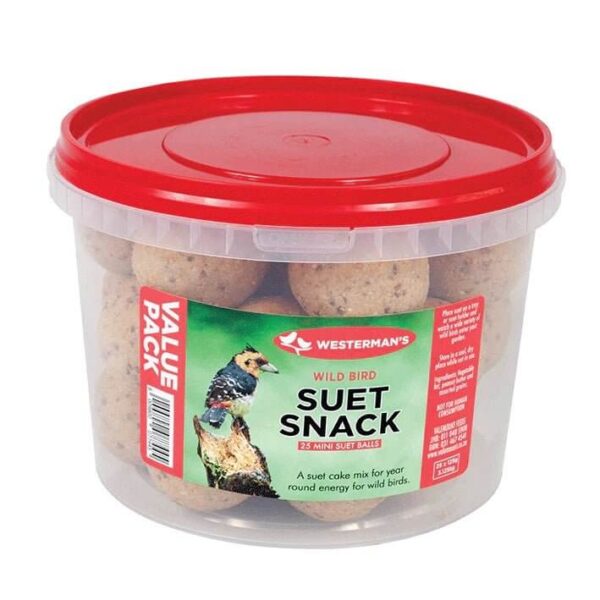 Westerman's Suet Snack Mini Ball Value Bucket containing 25 suet balls for wild birds feeding in the garden.