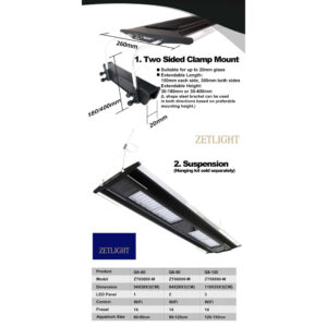 Zetlight Qmaven II Q6-90 Marine LED light unit installation guide featuring two-sided clamp mount and suspension options.